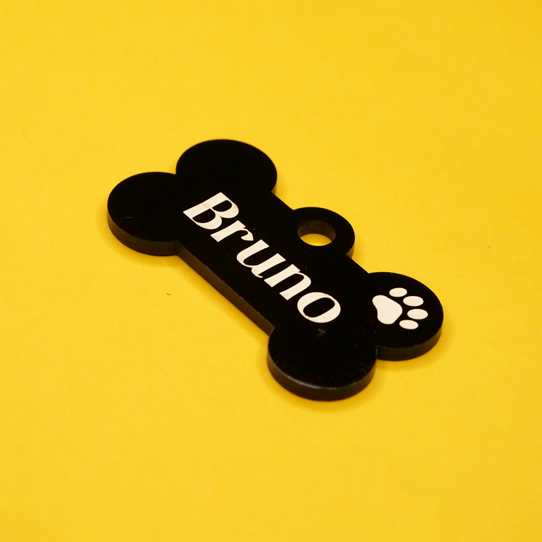 Customised Acrylic Dog Tag – Bone (Black)